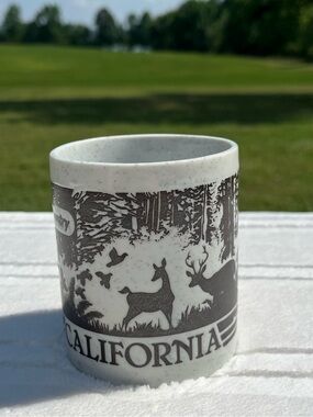 Speckled White Ceramic Mug with Brown Forest Deer Design, California redwood